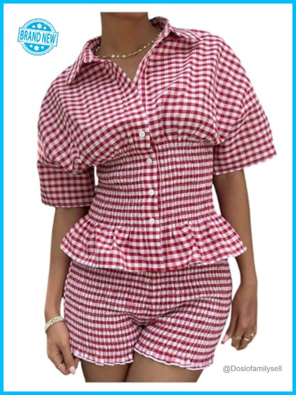 Floerns 2 Piece Gingham Smocked Peplum Top & Mini Shorts Set
